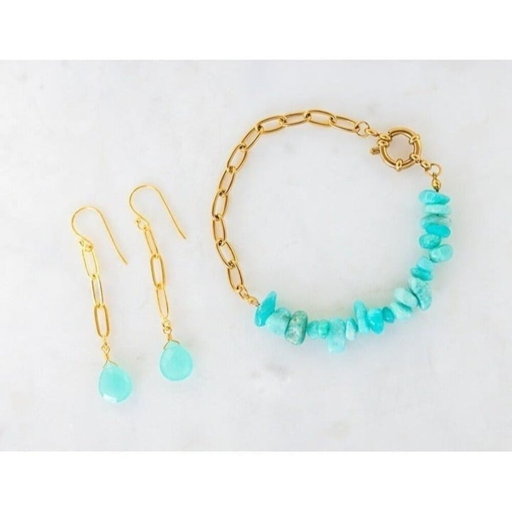BUNDLE Aqua Chalcedony Drop Earrings & Amazonite Gemstone Bracelet Gold Chain